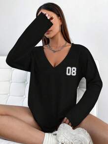Flirla Áo thun tay dài cổ chữ V họa tiết số mùa thu dành cho nữ Áo thun họa tiết dành cho nữ mùa xuân - màu đen - Xem 5