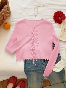 Comfortcana 1pc Pink Tie Front Casual Versatile Long Sleeve Thin Knit Cardigan - Pink - View 3