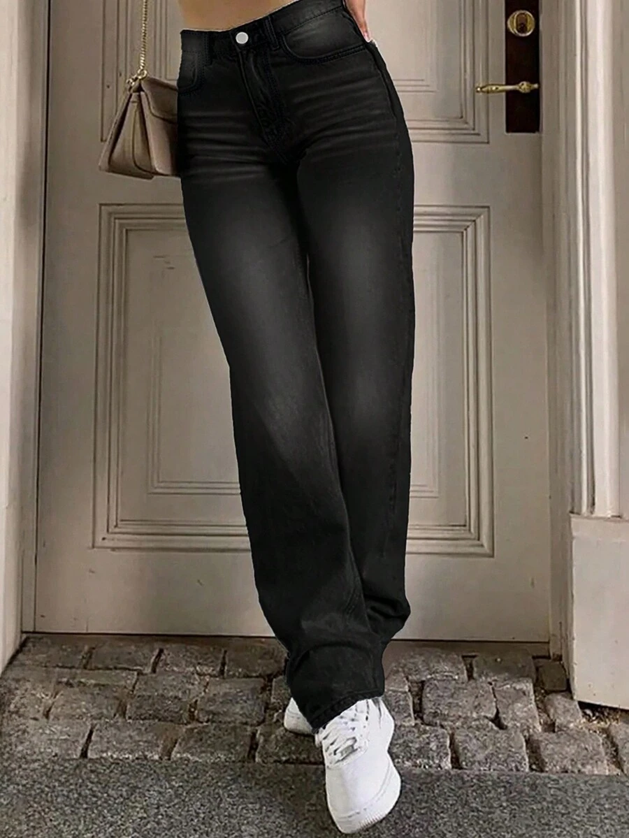 休閒簡約通勤百搭水洗前口袋拉鍊鈕扣女款牛仔褲 - 黑色 - 查看 1