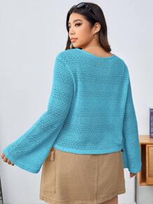 SHEIN EZwear 1pc Women Plus Size Casual Cutout Bell Sleeve Round Neck T-Shirt, All-Match Style Suitable For Summer, Back To School, Casual Dates, Tea Party, Beach, Versatile Blue Top - Blue - View 2