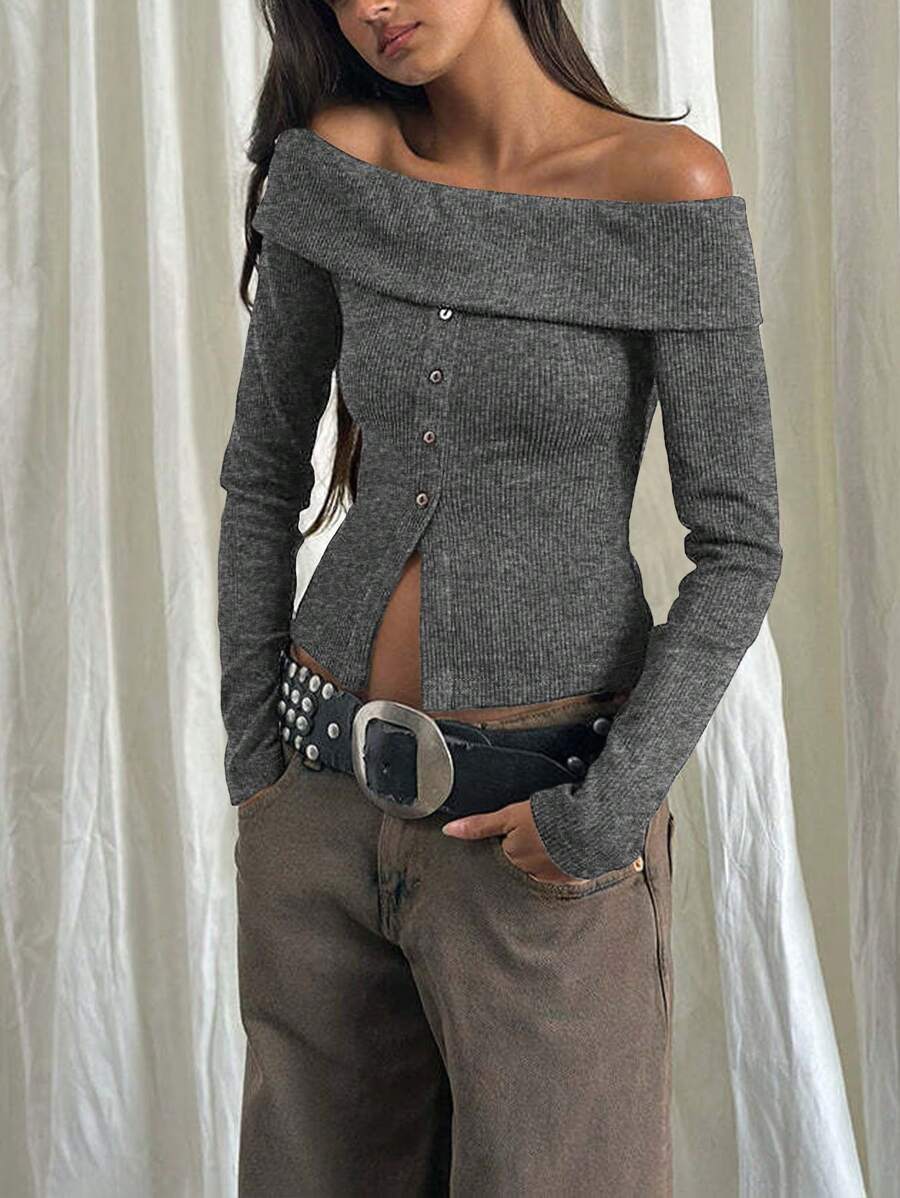 INAWLY Women Casual Open Shoulder Long Sleeve Split Hem Solid Color Blouse, For Daily Wear - Grey - View 1