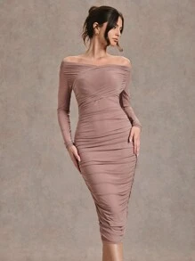 SHEIN BAE 1 pieza Vestido asimétrico para mujer con tirantes cruzados y fruncidos, fuera del hombro, de unicolor, adecuado para cócteles, citas románticas, capa inferior de otoño/invierno, fiestas, clubes, eventos formales, dama de honor, vestido de noche, vestido de Halloween, vestido de Navidad