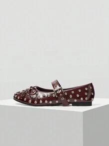 MOTF PREMIUM 女士新款欧美时尚水钻蝴蝶结装饰搭扣平底圆头鞋，百搭舒适轻便，简约仙气，优雅玛丽珍鞋 - 酒紅色 - 查看 3