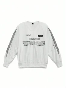 NEON BLANC Men's Reflective Letter Print V-Neck Pullover Long Sleeve Sweatshirt, For Friends, Husband, Boyfriend Gifts, For Fall Winter