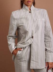 COSMINA 2 Pieces Women Casual Striped Lapel Neck Long Sleeve Jacket And Pants Set For Autumn