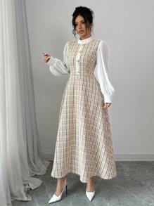 Modelyn 女士休闲优雅拼布粗花呢腰连衣裙，秋季长款女士装长款晚礼服 - 卡其色 - 查看 4