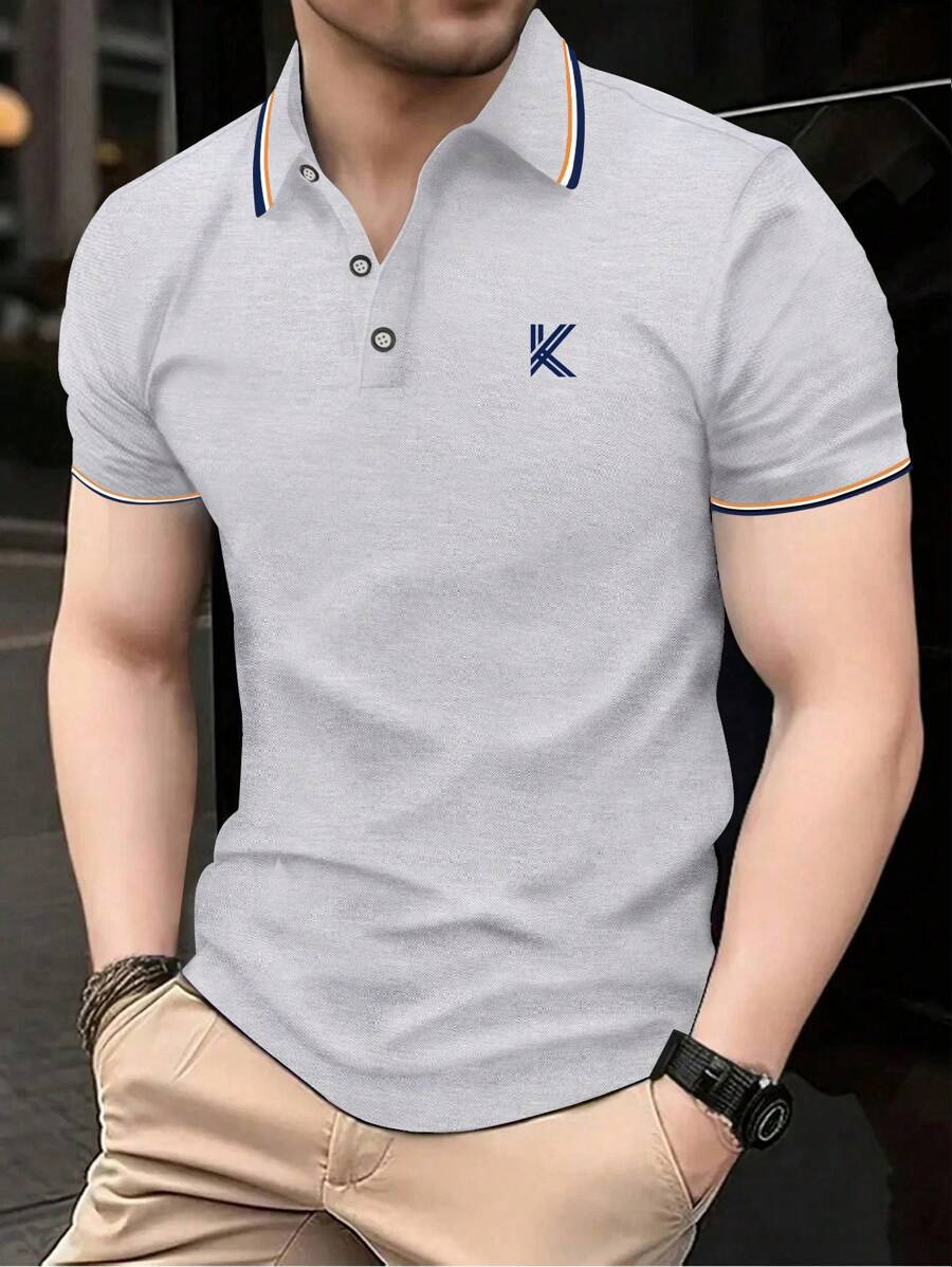 Manfinity Dauomo Fashionable Business Casual K Print Golf Polo Shirt For Men, Short Sleeve - Grey - View 1