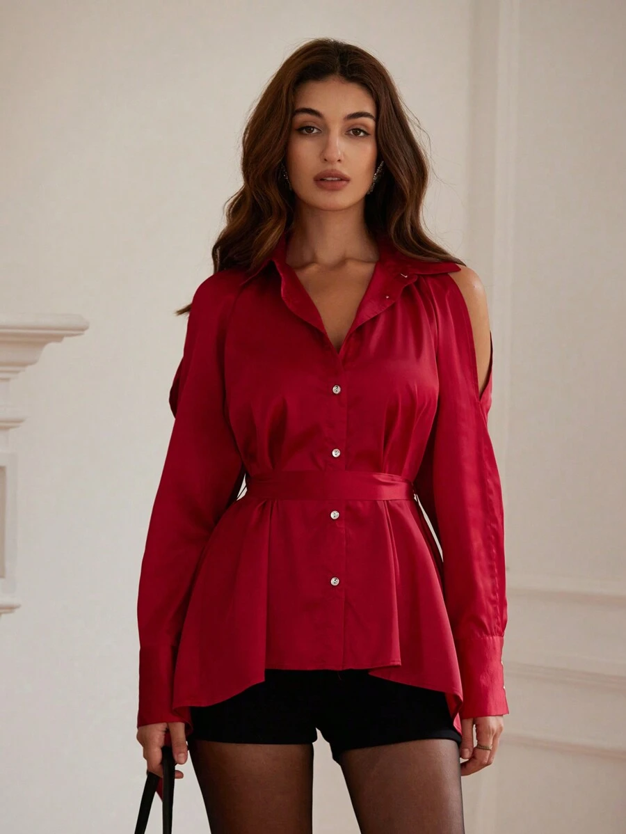 GENKIRA 法式优雅精致露肩女式上衣，配腰带，迷人面料，秋季假日派对服装 - 紅色 - 查看 1