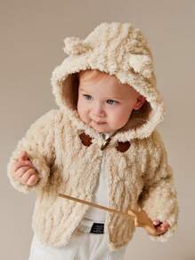 SHEIN Toddler Girls/Boys' Cute Horn Button Winter Warm Hooded Plush Jacket Outerwear - White - View 6