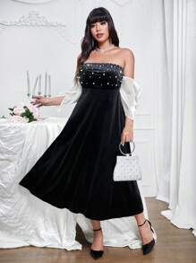 Allurite Elegantes Velvet-Kleid in color-Block-Optik mit Perlendekor in Große Größen, Vintage-Stil - Schwarz - Übersicht 5