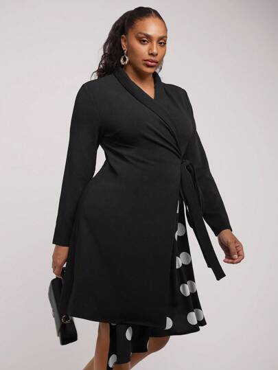 SHEIN Clasi 大码圆点印花交叉裹身系带长袖连衣裙