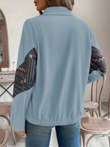 SHEIN LUNE Women's Solid Color Patchwork Front Button Casual Long Sleeve Jacket Fall Cloth For Women - Mint Blue - View 2