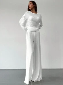 Aloruh 全新舒适面料百搭宽松套头 T 恤和松紧腰裤套装 - 白色 - 查看 3