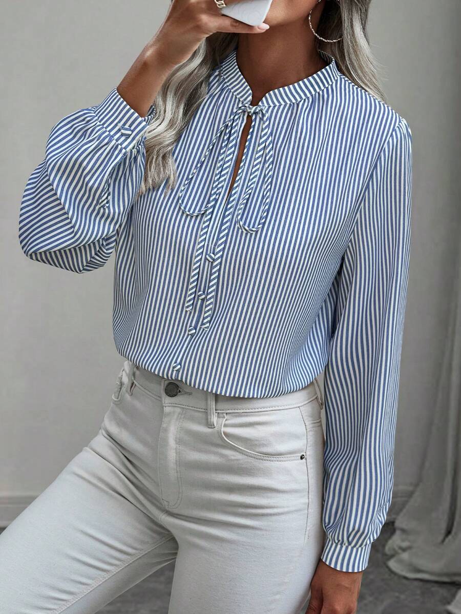 EMERY ROSE 1 chiếc áo sơ mi kẻ sọc buộc dây đơn giản, tối giản và thời trang để mặc hàng ngày - Xanh và trắng - Xem 1
