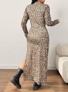 SHEIN EZwear Leopard Print Minimalist Long Sleeve Plus Size Casual Midi Dress