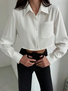 Aloruh Minimalist Commuting Office Turndown Collar Front Open Long Sleeve Contrast Stripe Back Panel Women Blouse