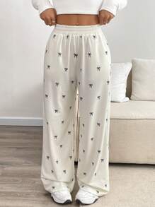 Chiquease 休闲宽松蝴蝶图案印花松紧腰女式运动裤 - 杏色 - 查看 1