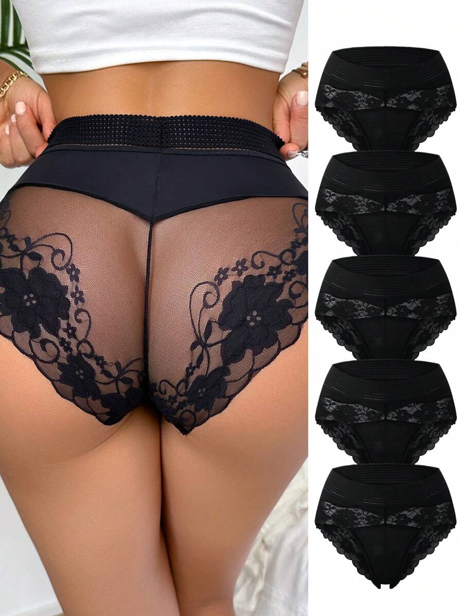 5 pares de bragas de bikini de mujer con parches de encaje de unicolor en estilo simple - Negro - Ver 1