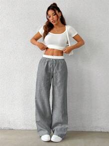 SHEIN EZwear Quần dài nữ dệt sọc đen trắng - Đen và trắng - Xem 4