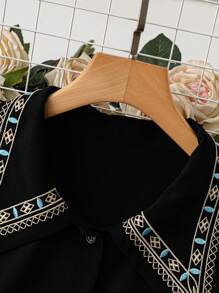 SHEIN LUNE Plus Size Women Vintage Embroidered Shirt Dress Fall Cloth For Women - Black - View 4