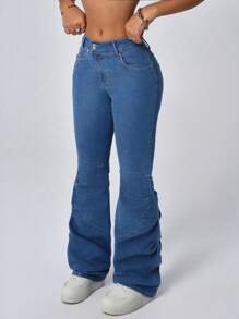INAWLY Women Casual Overlap Low Waist Stretch Flare Leg Jeans Skinny Flared Jeans - Medium Wash - View 6