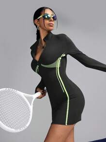 Innovista Váy thể thao ngắn tay dài bó sát có khóa kéo nửa thân dành cho nữ, váy tennis - màu đen - Xem 10