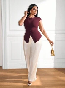 Zolique Women 2pcs Set Fashion Short Sleeve Slit Hem Elegant Bodycon Top + Casual Loose High Waist Wide Leg Pants Suit, Autumn