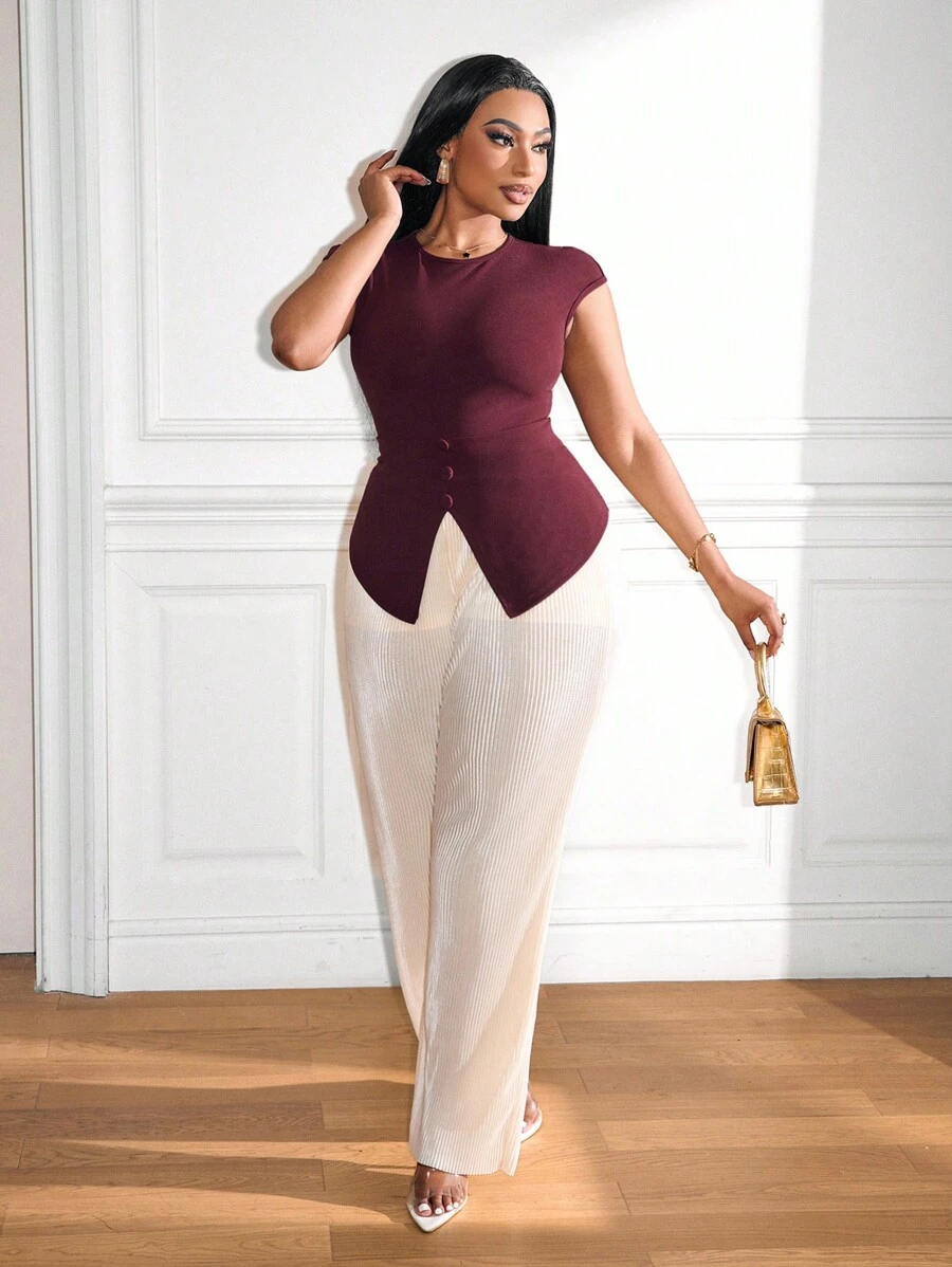 Zolique Women 2pcs Set Fashion Short Sleeve Slit Hem Elegant Bodycon Top + Casual Loose High Waist Wide Leg Pants Suit, Autumn