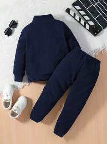 SHEIN 2pcs Young Boy Front Zipper Letter Embroidered Simple Top And Long Pants Set