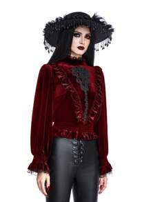 ROMWE Goth 圣诞哥特式吸血鬼宫殿风格刺绣贴花灯笼袖天鹅绒女式衬衫 - 酒紅色 - 查看 1