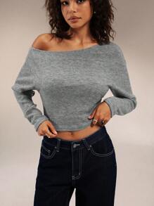 Forever 21 Áo thun dài tay hở vai đơn giản cho nữ - Màu Xám nhạt - Xem 4