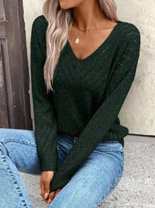 EMERY ROSE Women Loose Hollow Out Geometric Texture V-Neck Sweater, Casual Knit Pullover Fall Winter - Dark Green - View 3