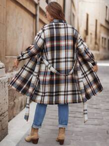 SHEIN VCAY Plus Size Fall/Winter Colorful Plaid Casual Mid-Length Belted Warm Coat - Red - View 2