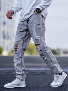 Manfinity Homme Men Ripped Frayed Straight Leg Jeans Slim Fit Long Jean Cargo Plain Light Grey Party Punk Rapper, Men Ripped Jeans, Ripped Jeans Pants, Men Jeans - Light Grey - View 1