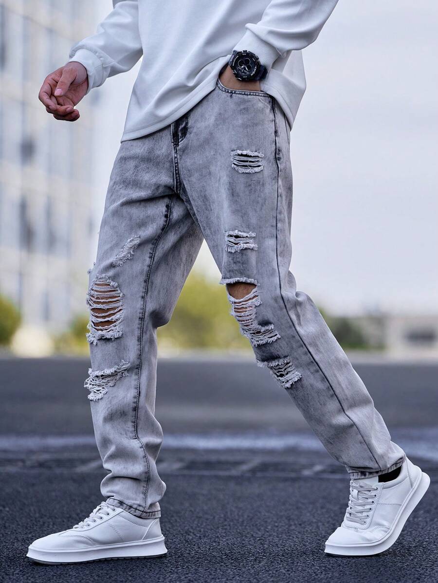 Manfinity Homme Men Ripped Frayed Straight Leg Jeans Slim Fit Long Jean Cargo Plain Light Grey Party Punk Rapper, Men Ripped Jeans, Ripped Jeans Pants, Men Jeans - Light Grey - View 1