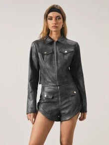 SHEIN Unity Women's Autumn Fashion Acid Washed Floral Pattern Cropped PU Jacket - Dark Grey - View 3