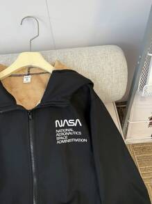 SHEIN Leap Crew 青少年男孩 1 件休闲学院复合保暖内衬保暖连帽半襟套头衫长袖编织夹克返校节；文艺复兴；秋季服装；青少年男孩服装；机场；鸡尾酒会；秋冬 - 黑色 - 查看 4