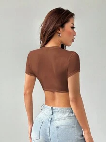 SHEIN PETITE Casual Simple Solid Color Round Neck Cropped Slim Fit Women's T-Shirt - Brown - View 2