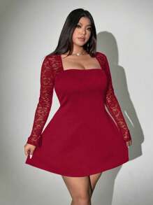 Viva Relle 大码纯色蕾丝拼接圆领休闲短款连衣裙新年衣服 - 紅色 - 查看 1