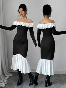 SHEIN LUNE Strapless Off Shoulder Patchwork Asymmetric Ruffle Hem Dress