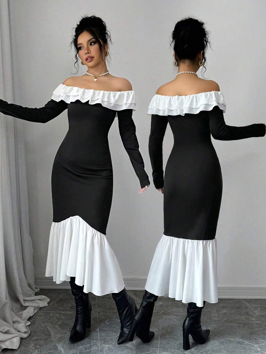 SHEIN LUNE Strapless Off Shoulder Patchwork Asymmetric Ruffle Hem Dress