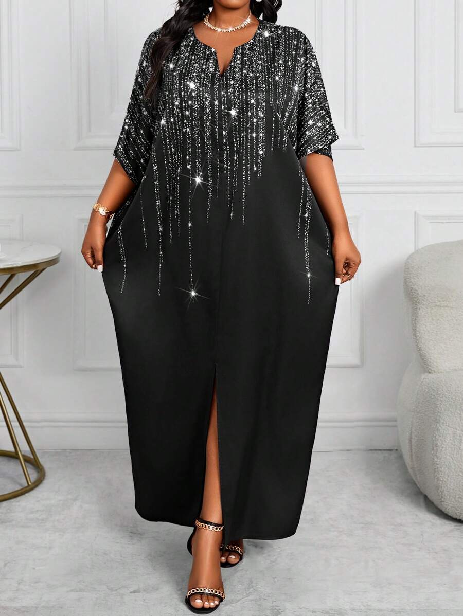 SHEIN Lady Váy Kaftan tay dài dệt kim màu đen thanh lịch cho mùa xuân và mùa thu và mùa đông cỡ lớn - màu đen - Xem 1