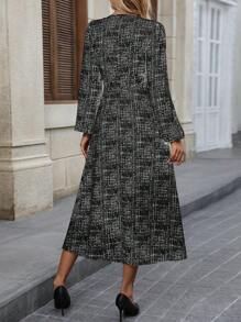 SHEIN Clasi 女士斑点涂鸦印花长袖 A 字型优雅舒适通勤百搭连衣裙，秋冬 - 黑與白 - 查看 2