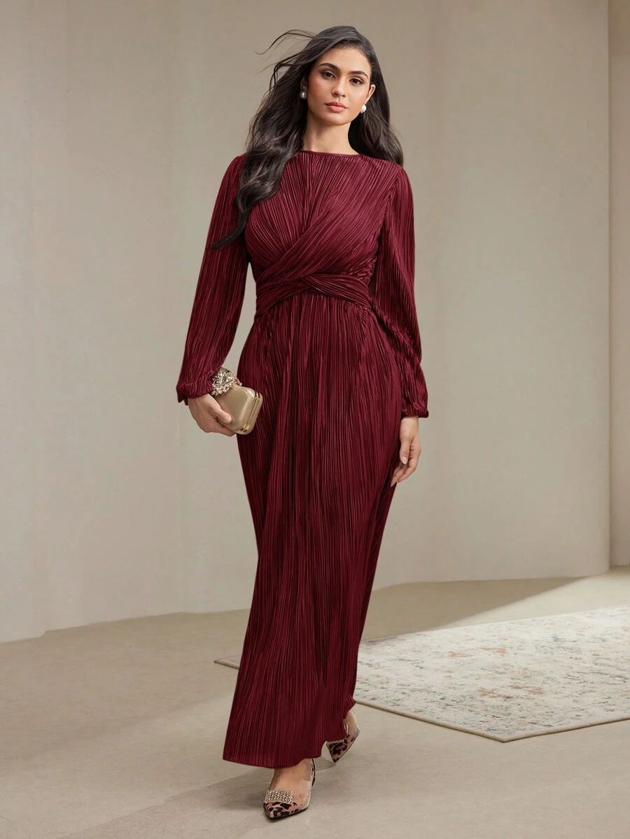 Veilorie Women's Casual Solid Color Twist Detail Dress, Autumn Modest - Burgundy - View 1