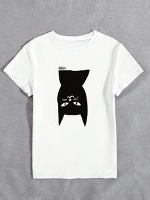 SHEIN EZwear Áo thun cổ tròn tay ngắn in hình mèo ngộ nghĩnh thường ngày dành cho nữ - trắng - Xem 3