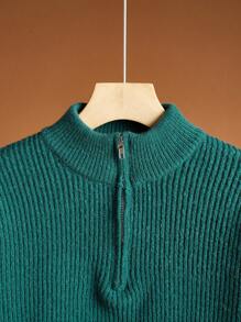 SHEIN 1 pieza Jersey de cuello alto con media abertura, cálido y casual, en color verde oscuro con rayas de malla, ropa de vuelta al colegio para adolescentes varones; atuendos de otoño; ropa para adolescentes varones; chaquetas de adolescentes varones para otoño/invierno