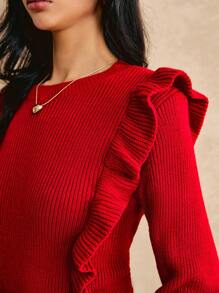 SHEIN Frenchy 女式纯色圆领长袖休闲上衣 - 紅色 - 查看 3