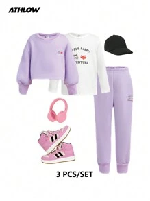 3 件套年轻女孩时尚自由运动舒适圆领长袖上衣、T 恤和裤子套装，秋冬 - 彩色 - 查看 9