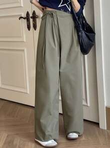 DAZY Solid Color Loose Asymmetric Tie Waist Wide Leg Pockets Women Pants - Grey - View 8