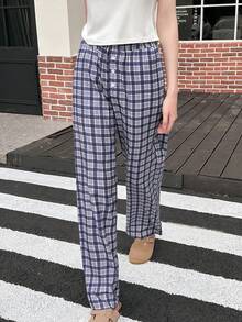 SHEIN EZwear Women's Fall Loose Fit Regular Length Plaid Pants, Autumn - Blue - View 6
